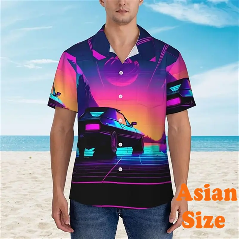 Cool Print Car Shirt Men's Clothes Hawaiian Vacation Style Short Sleeve Button Shirts Funny Casual Sports 2025 Summer Pop Top