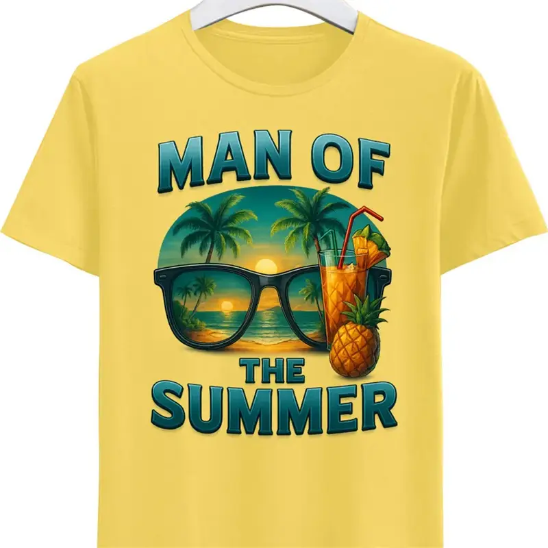 Summer Men Beach Leisure Loose T-shirt Pineapple Palm Tree Print Design Round Neck Solid T Shirts Outdoor Hawaiian Vacation Tee