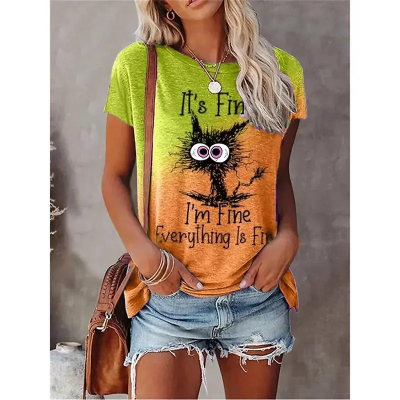 3d Print Gradient Graphic Women's T-shirt Funny Cat Graphic Personality Street Short Sleeve T Shirts Summer Trend Harajuku Tee