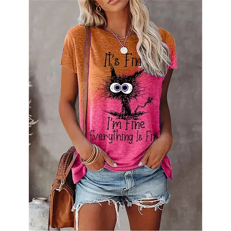 3d Print Gradient Graphic Women's T-shirt Funny Cat Graphic Personality Street Short Sleeve T Shirts Summer Trend Harajuku Tee