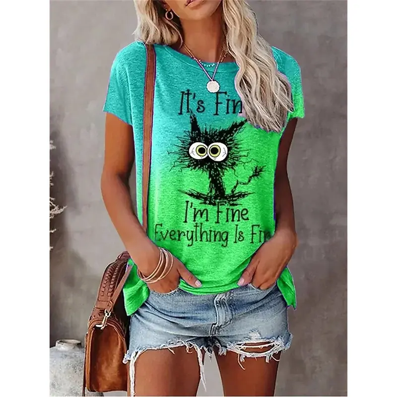 3d Print Gradient Graphic Women's T-shirt Funny Cat Graphic Personality Street Short Sleeve T Shirts Summer Trend Harajuku Tee