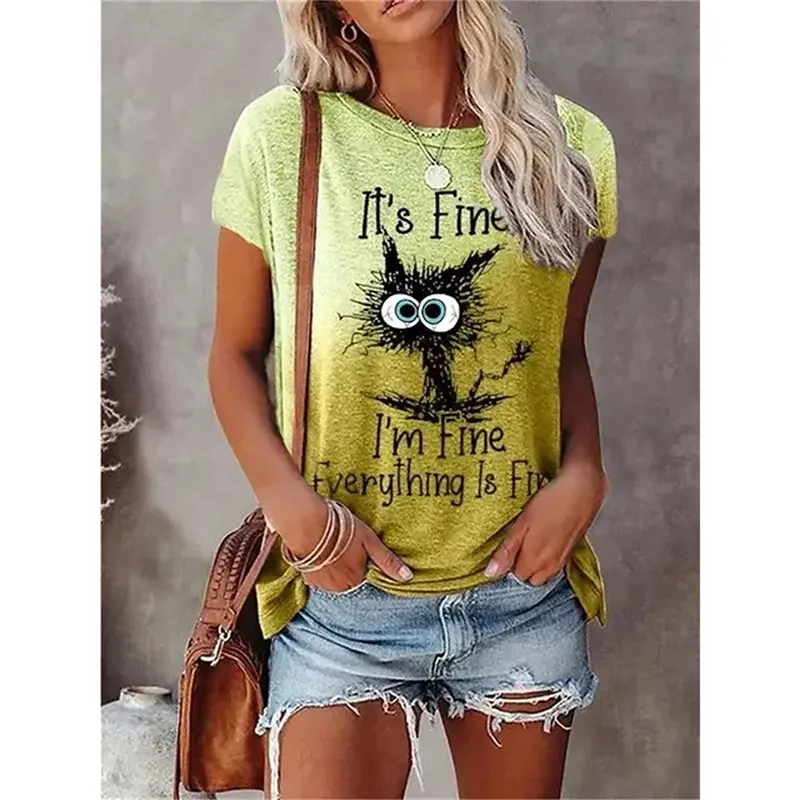 3d Print Gradient Graphic Women's T-shirt Funny Cat Graphic Personality Street Short Sleeve T Shirts Summer Trend Harajuku Tee