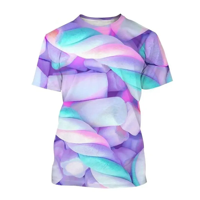 Colourful Cotton Candy T-shirt For Men's Kids 3D Printing T Shirts Round Neck Short Sleeves 2024 Summer Casual Funny Tee Shirts