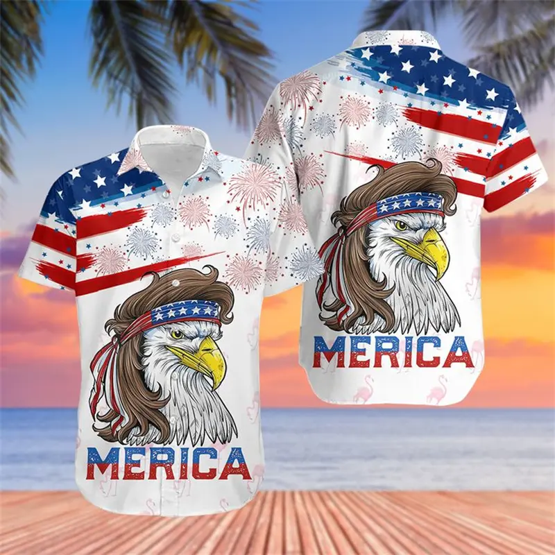 USA Flag Drink Beer Shirt Funny Men's Street Harajuku Clothing Button Lapel Shirts 3D Printed Cute Animal Colorful Pattern Top