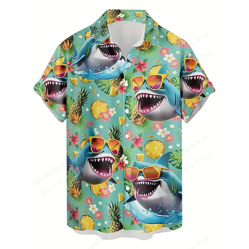 Ferocious Ocean Shark Theme Short Sleeve Shirts Men Clothes Beach Leisure Coconut Beer Summer Party Trend Men's Hawaii Shirt