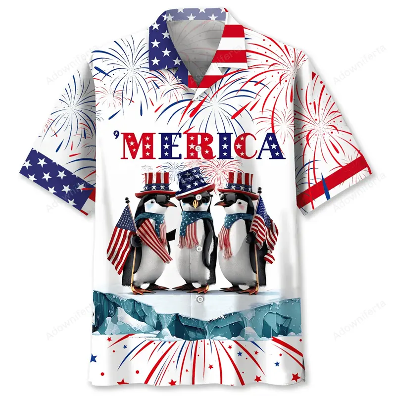 USA Flag Drink Beer Shirt Funny Men's Street Harajuku Clothing Button Lapel Shirts 3D Printed Cute Animal Colorful Pattern Top