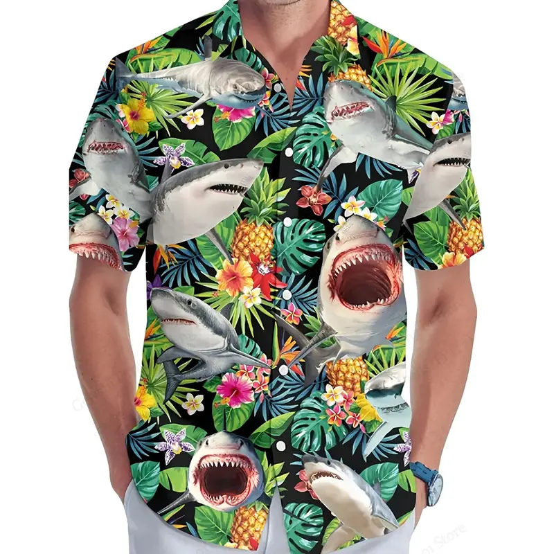 Ferocious Ocean Shark Theme Short Sleeve Shirts Men Clothes Beach Leisure Coconut Beer Summer Party Trend Men's Hawaii Shirt