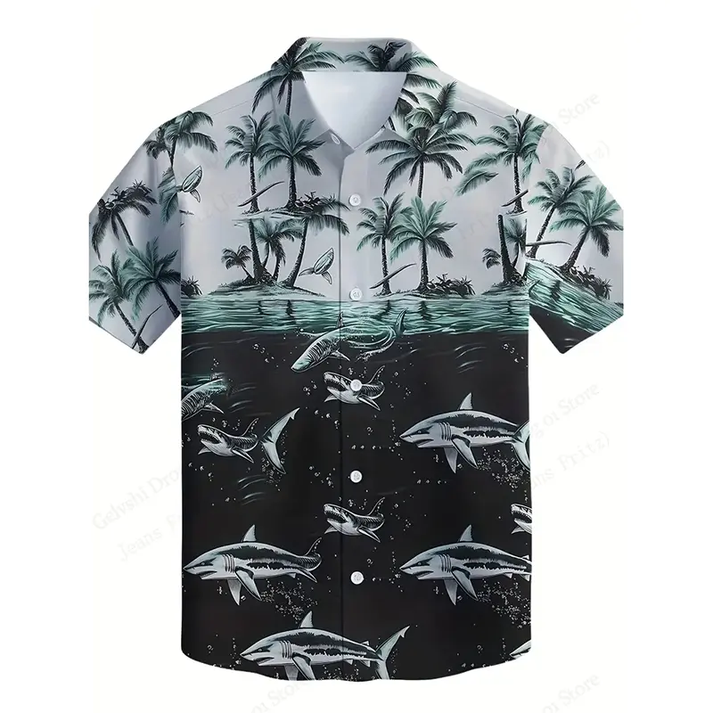 Ferocious Ocean Shark Theme Short Sleeve Shirts Men Clothes Beach Leisure Coconut Beer Summer Party Trend Men's Hawaii Shirt