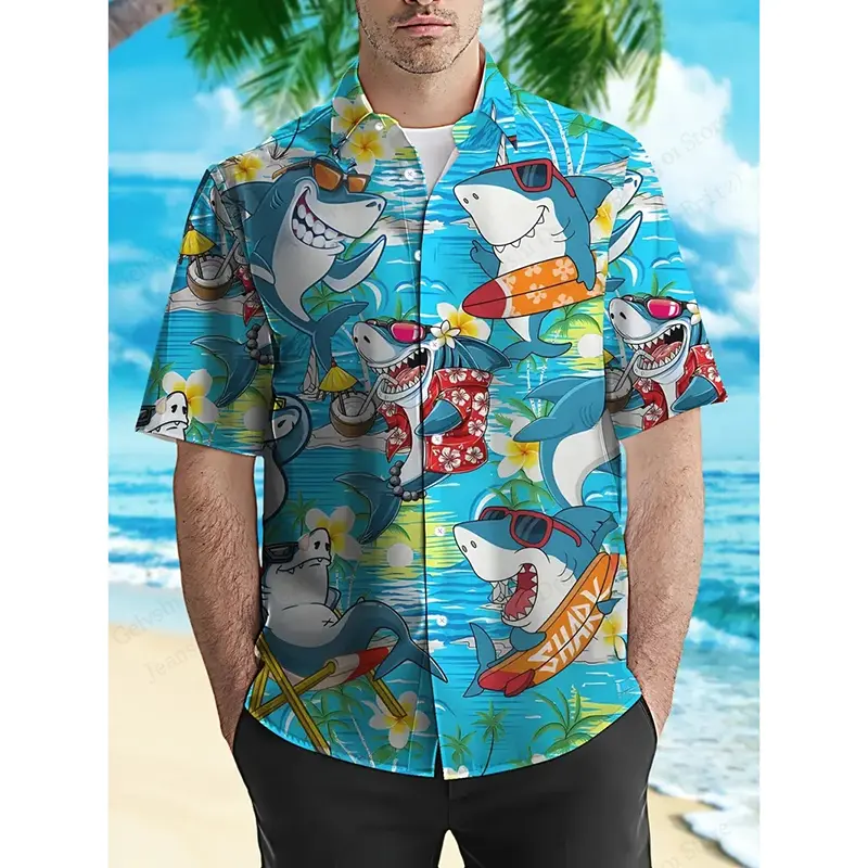 Ferocious Ocean Shark Theme Short Sleeve Shirts Men Clothes Beach Leisure Coconut Beer Summer Party Trend Men's Hawaii Shirt