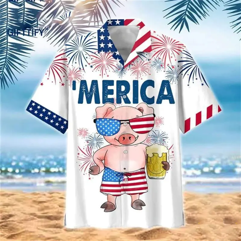 USA Flag Drink Beer Shirt Funny Men's Street Harajuku Clothing Button Lapel Shirts 3D Printed Cute Animal Colorful Pattern Top