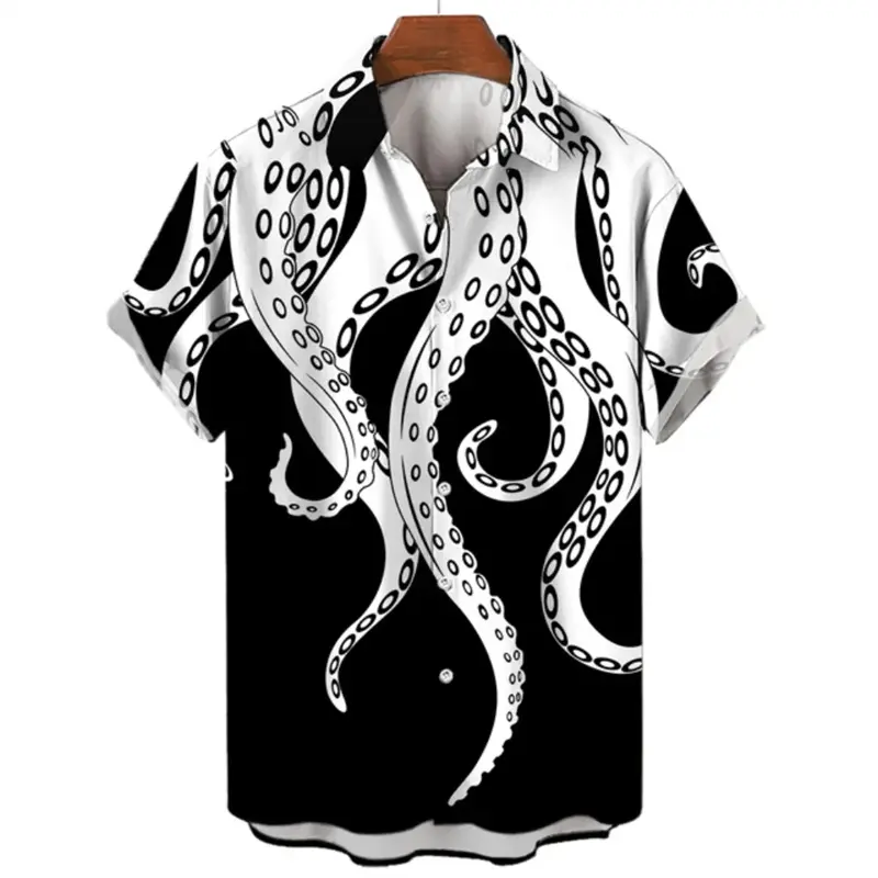 3D Printed Sea Animal Tentacles Shirt Men's Cool Unique Pattern Design Shirts Harajuku Street Lapel Short Sleeve Button Blouse