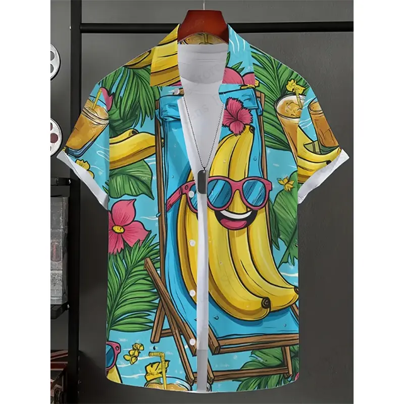 Men Hawaiian Shirt Tropical Pineapple Sunglasses Floral Print Short Sleeve Shirt Summer Beach Vacation Casual Button Down Shirts