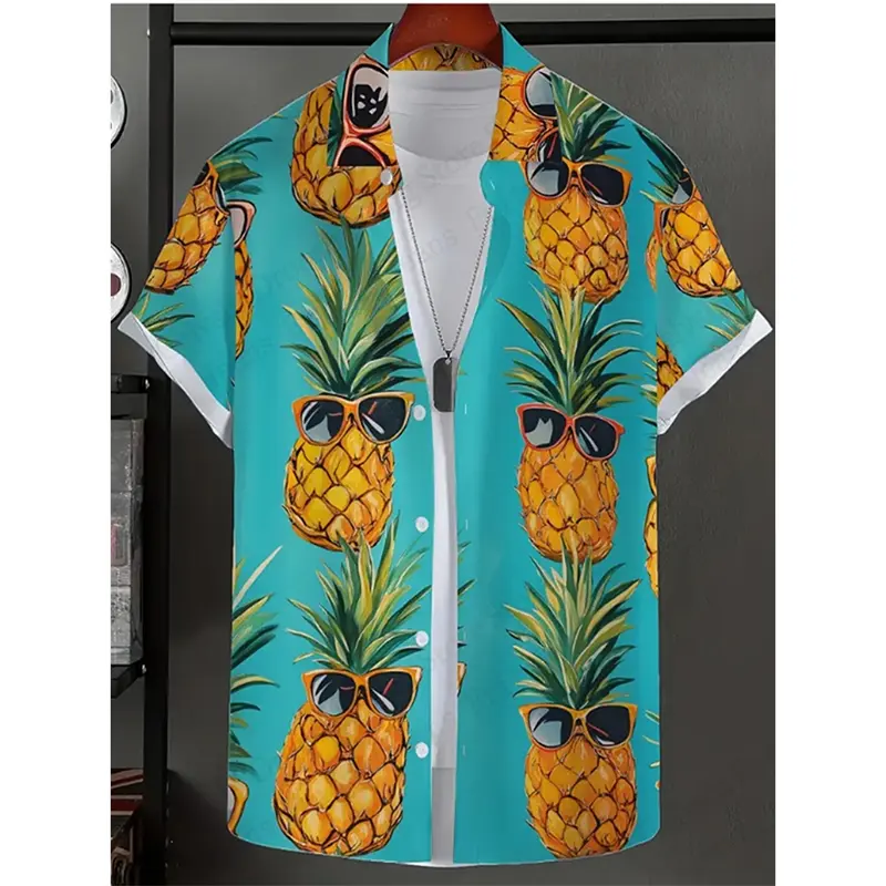 Men Hawaiian Shirt Tropical Pineapple Sunglasses Floral Print Short Sleeve Shirt Summer Beach Vacation Casual Button Down Shirts