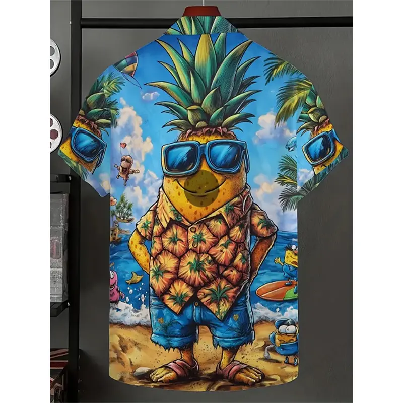Men Hawaiian Shirt Tropical Pineapple Sunglasses Floral Print Short Sleeve Shirt Summer Beach Vacation Casual Button Down Shirts