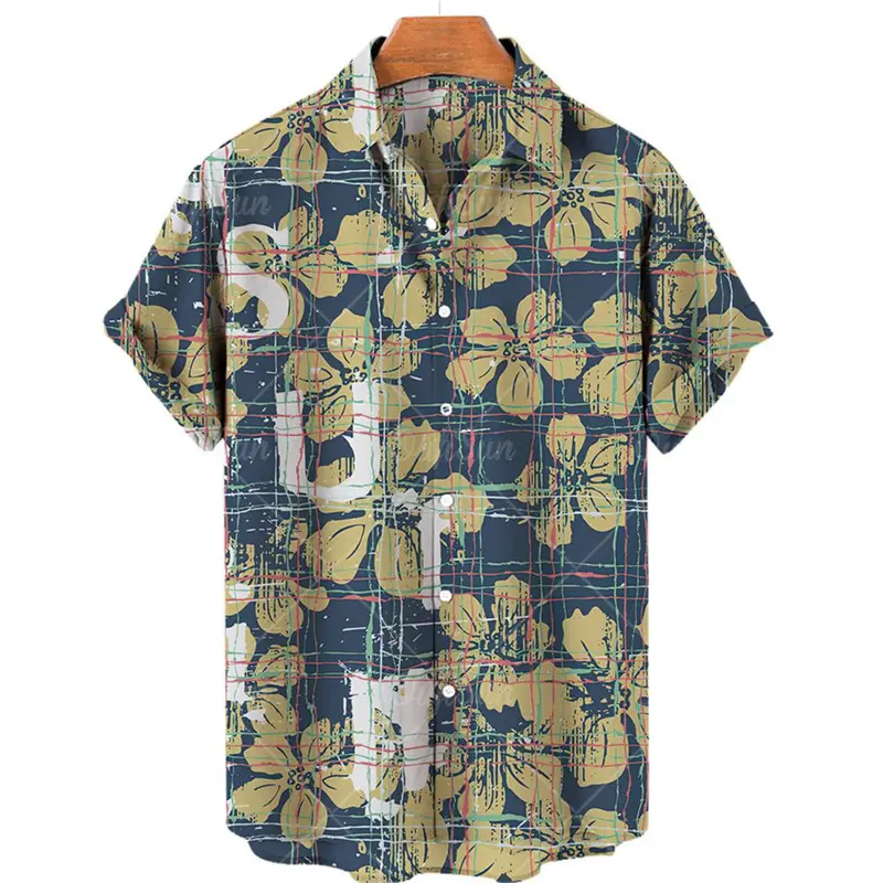 Summer Fashion Men Hawaii Shirt Vintage Flowers Full Over Print Short Sleeve Button Shirts Harajuku Casual Oversized Tee Blouse