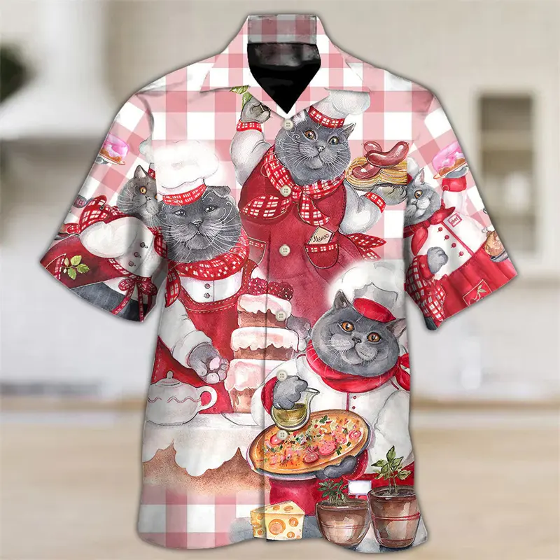 Funny Cook Printed Shirt Men's Clothing 3D Printed Cute Cat Button Shirts Hawaii Style Vacation Leisure 2025 Fashion New Blouse