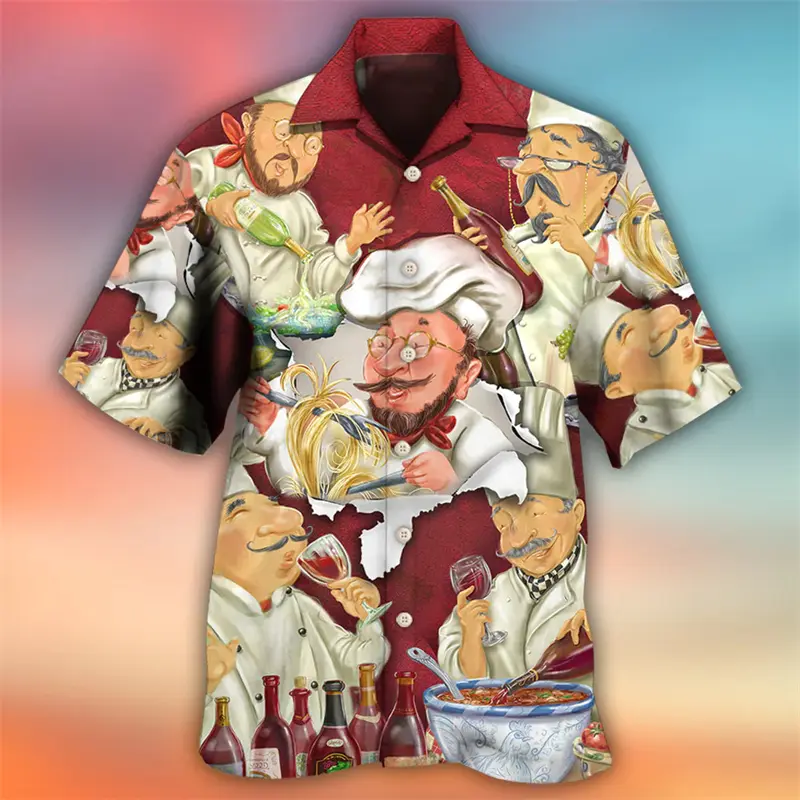 Funny Cook Printed Shirt Men's Clothing 3D Printed Cute Cat Button Shirts Hawaii Style Vacation Leisure 2025 Fashion New Blouse