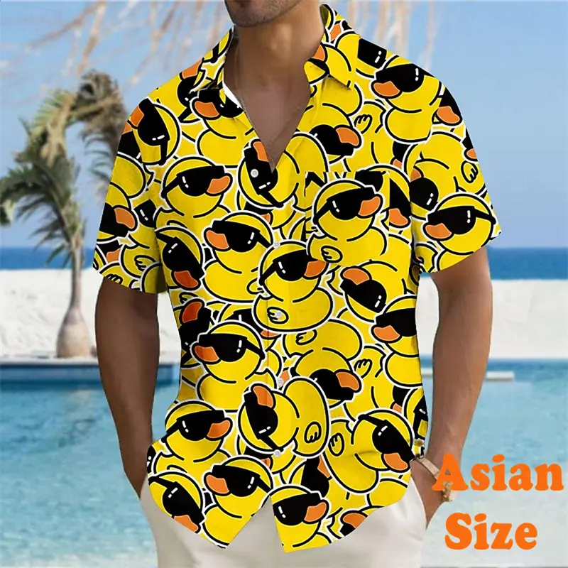 Regular Stripe Art 3D Print Summer Shirts For Men Funny Cool Yellow Duck Graphic Short Sleeve Button Blouse Fashion Trend Y2k
