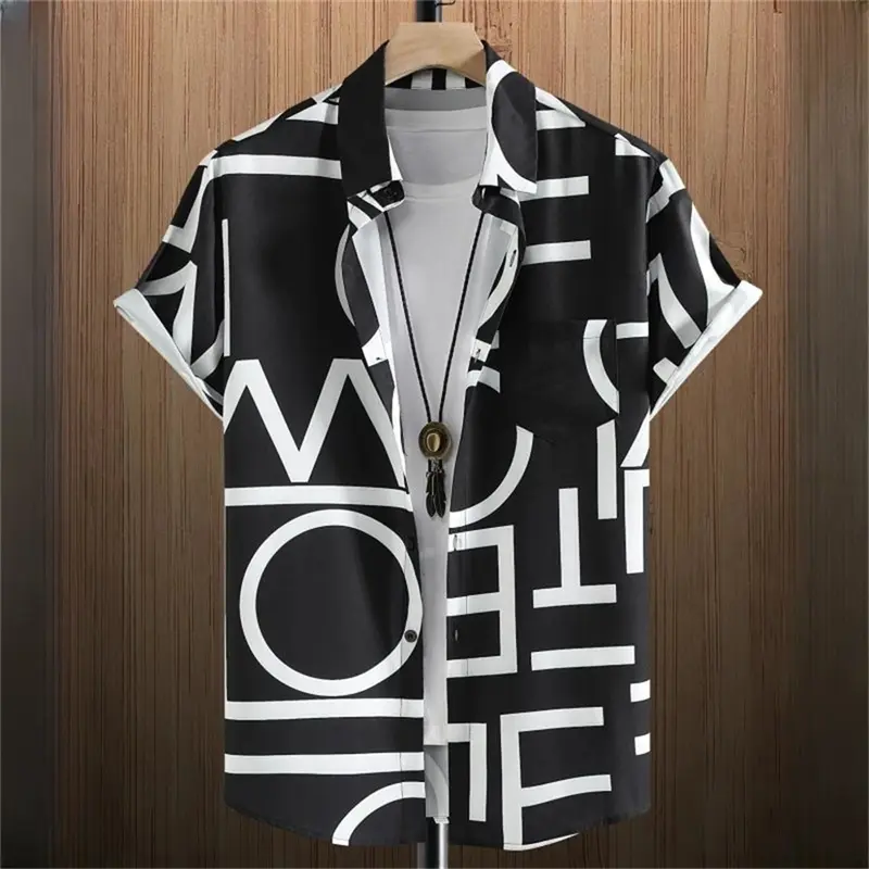 Summer Vacation Casual Short Sleeve Shirt For Men Letter Skull Plant Print Streetwear Hip Hop Shirts Y2k Trend Lapel Blouse Top