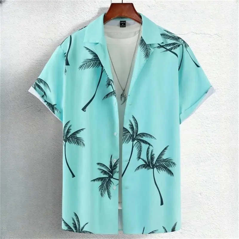 Summer Vacation Casual Short Sleeve Shirt For Men Letter Skull Plant Print Streetwear Hip Hop Shirts Y2k Trend Lapel Blouse Top