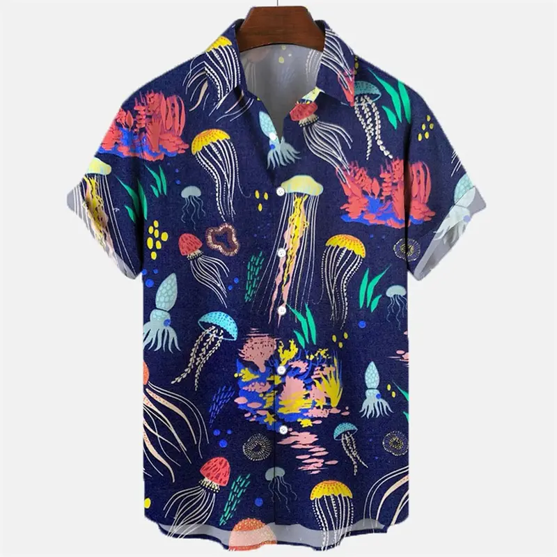 Sea Animal Pattern Shirt Men Clothes 3d Printed Fish Jellyfish Seahorse Shirts Tops Hawaiian Casual Fashion Lapel Button Blouse