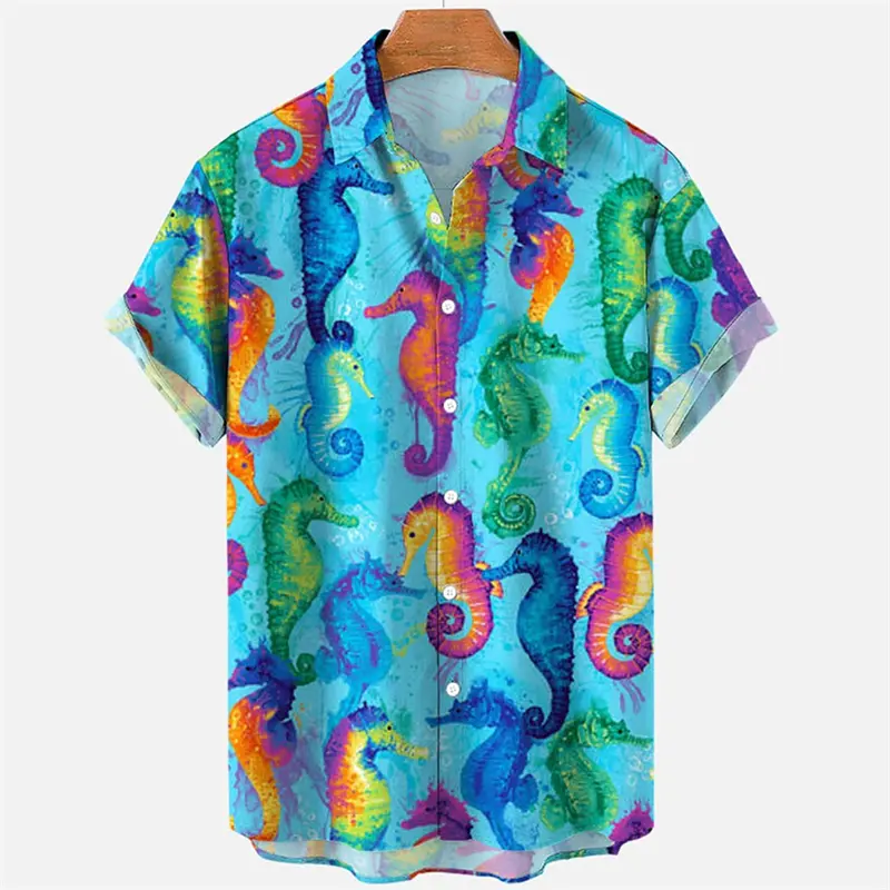 Sea Animal Pattern Shirt Men Clothes 3d Printed Fish Jellyfish Seahorse Shirts Tops Hawaiian Casual Fashion Lapel Button Blouse