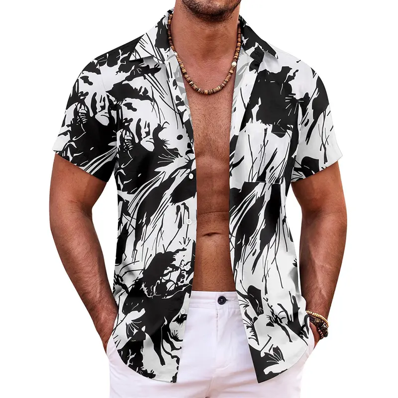 Hawaii Party Shirt Men's Tropical Plants Palm Trees Pattern 3D Print Button Shirts Lapel Short Sleeve Summer Casual Trend Blouse
