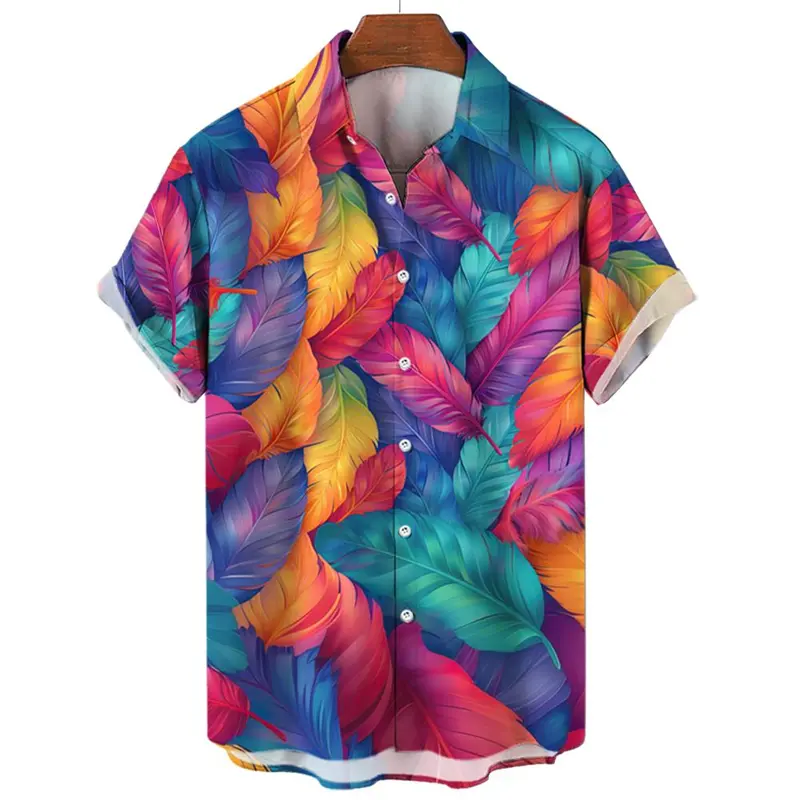 Colorful Feather 3d Printed Shirt For Men's Clothing Personality Street Lapel Shirts Tops Casual Fashion Single Breasted Blouse