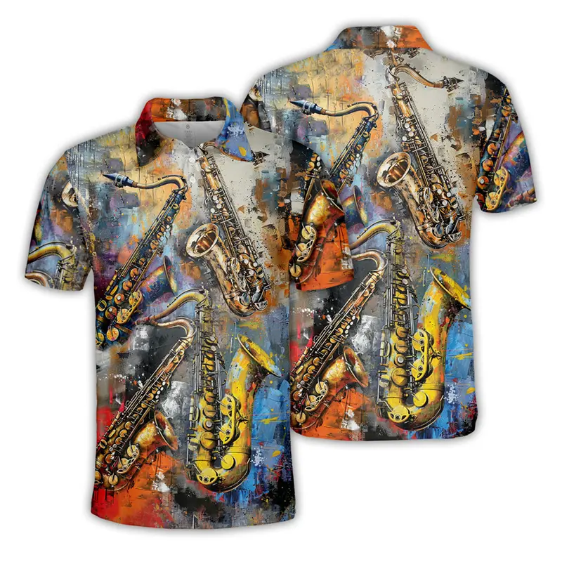 Retro Saxophone Pattern Music Polo Shirt For Men Classical Music Performances Fashion New 3D Print Graphic Short Sleeve Lapel