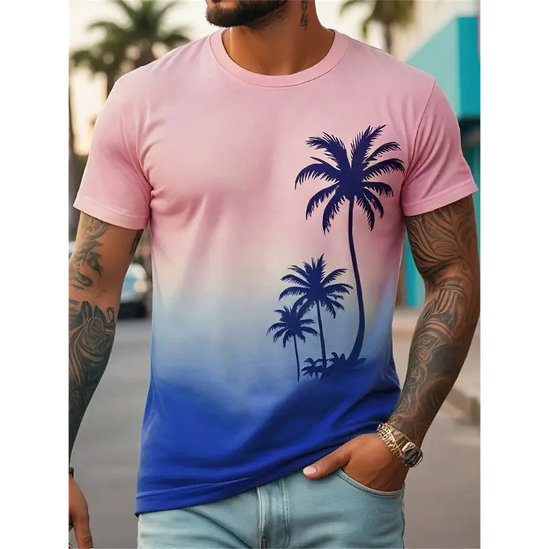 Summer Hawaiian Simple Casual Gradient T-shirt For Men Palm Tree Coconut Tree Pattern Logo 2025 Popular Hot Trend Tees Top