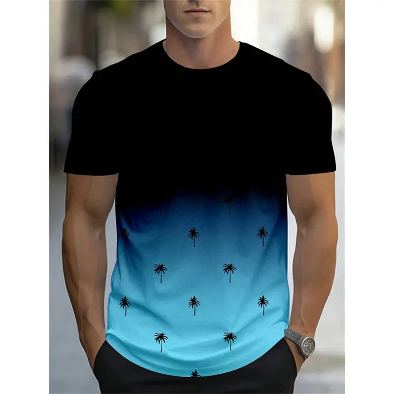Summer Hawaiian Simple Casual Gradient T-shirt For Men Palm Tree Coconut Tree Pattern Logo 2025 Popular Hot Trend Tees Top