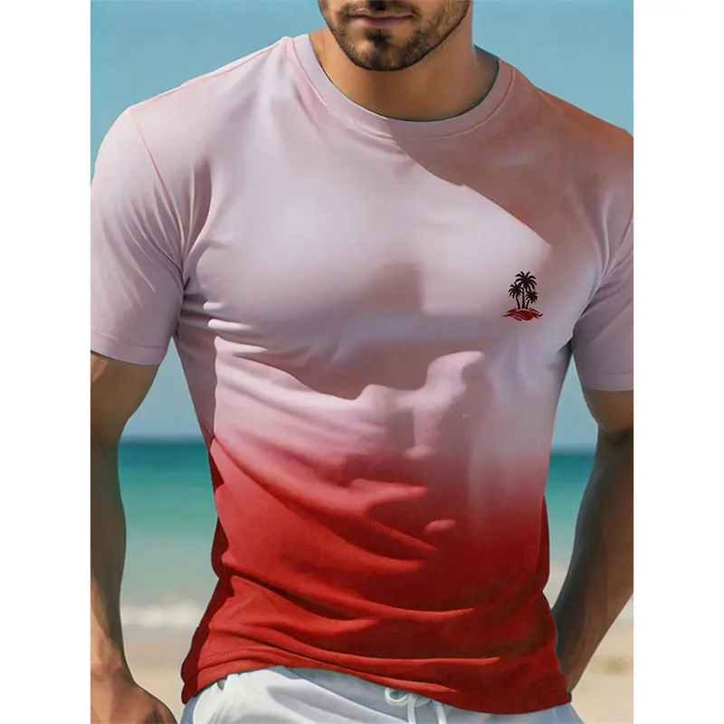 Summer Hawaiian Simple Casual Gradient T-shirt For Men Palm Tree Coconut Tree Pattern Logo 2025 Popular Hot Trend Tees Top