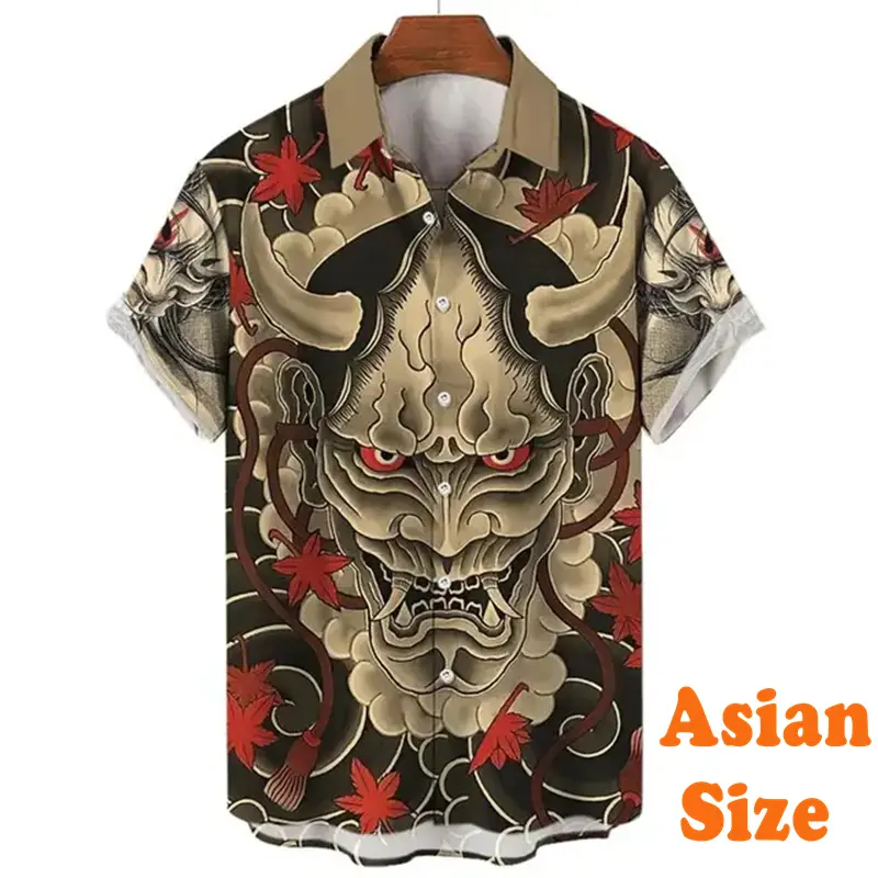 Japanese Samurai Mysterious Mask Shirt For Men's Clothes Harajuku Street Button Shirts Karate Personality Print Graphic Blouse