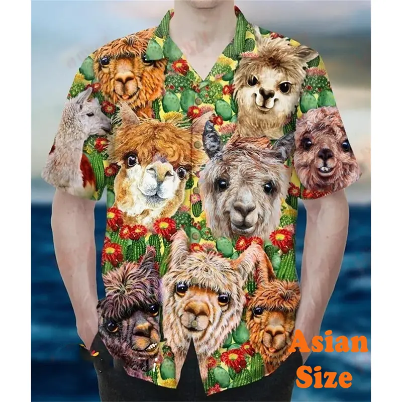 Cartoon Cute Llama Hawaii Shirt For Men's Clothing Asian Size Short Sleeve Shirts Funny Colorful Camel Pattern Trend Blouse 2025