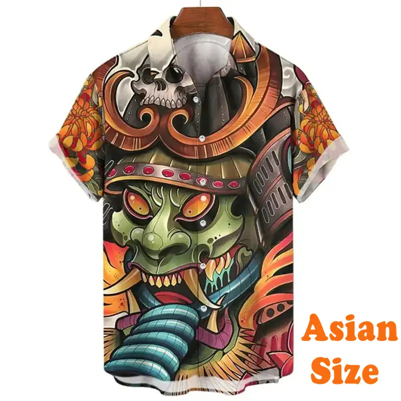 Japanese Samurai Mysterious Mask Shirt For Men's Clothes Harajuku Street Button Shirts Karate Personality Print Graphic Blouse