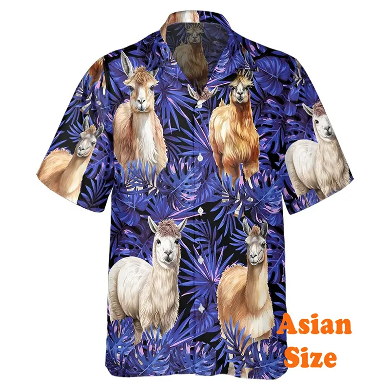 Cartoon Cute Llama Hawaii Shirt For Men's Clothing Asian Size Short Sleeve Shirts Funny Colorful Camel Pattern Trend Blouse 2025
