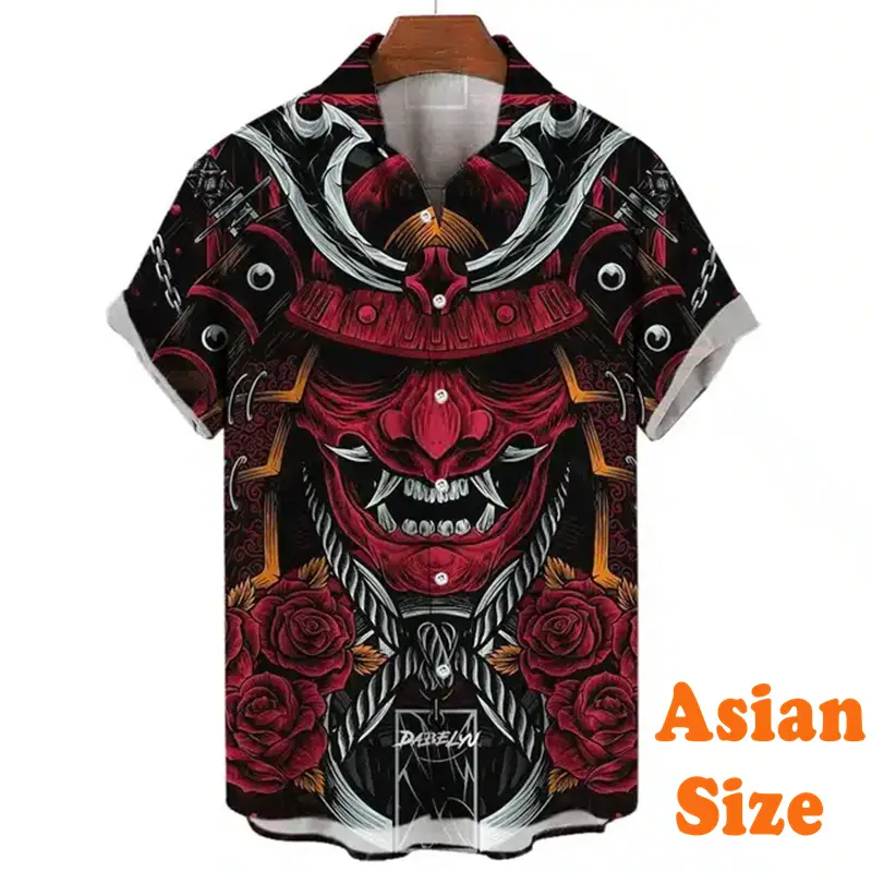 Japanese Samurai Mysterious Mask Shirt For Men's Clothes Harajuku Street Button Shirts Karate Personality Print Graphic Blouse