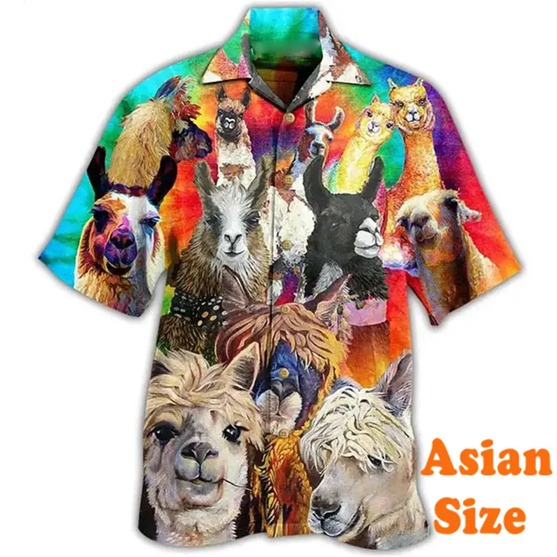 Cartoon Cute Llama Hawaii Shirt For Men's Clothing Asian Size Short Sleeve Shirts Funny Colorful Camel Pattern Trend Blouse 2025