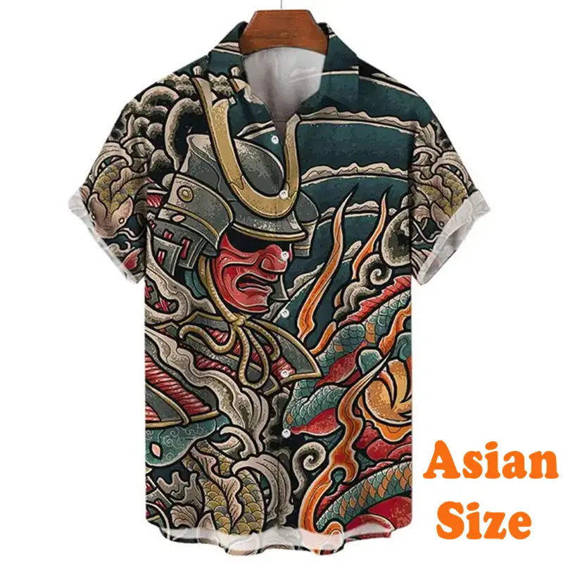 Japanese Samurai Mysterious Mask Shirt For Men's Clothes Harajuku Street Button Shirts Karate Personality Print Graphic Blouse
