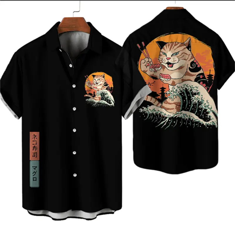 Fashion Men's Warrior Cat Shirt Tops Summer Harajuku Men's Clothes Casual Short Sleeve Anime Loose Hawaiian Shirt 2025 Y2k