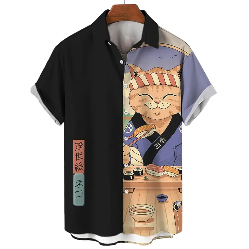 Fashion Men's Warrior Cat Shirt Tops Summer Harajuku Men's Clothes Casual Short Sleeve Anime Loose Hawaiian Shirt 2025 Y2k