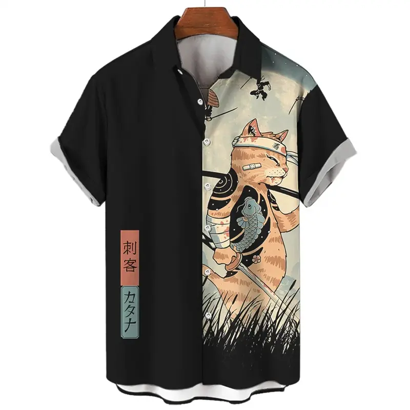 Fashion Men's Warrior Cat Shirt Tops Summer Harajuku Men's Clothes Casual Short Sleeve Anime Loose Hawaiian Shirt 2025 Y2k