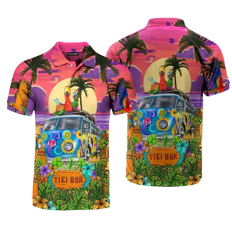 Funny Hawaii Parrot Polo Shirt Afternoon Tea Time Theme Design Loose Lapel Golf Shirts Daily Casual Fun Summer Fashion Tops