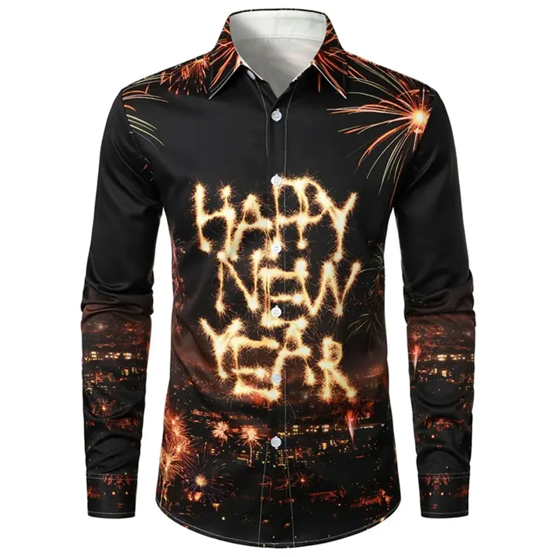 2025 Happy New Year Shirt Men's Festival Popular Clothing Long Sleeve Button Shirts 3D Print Colorful Fireworks Cool New Blouse