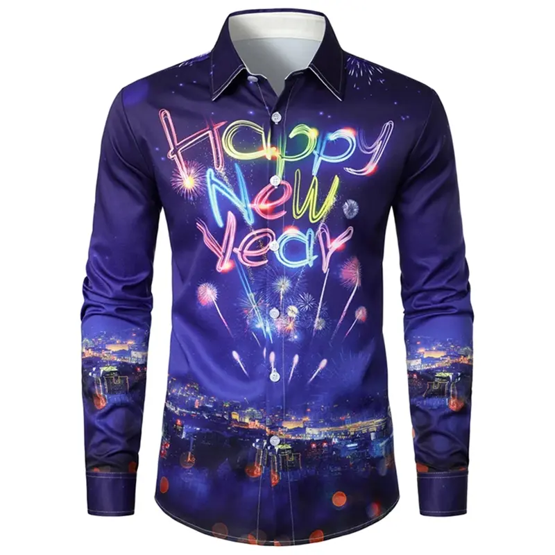 2025 Happy New Year Shirt Men's Festival Popular Clothing Long Sleeve Button Shirts 3D Print Colorful Fireworks Cool New Blouse