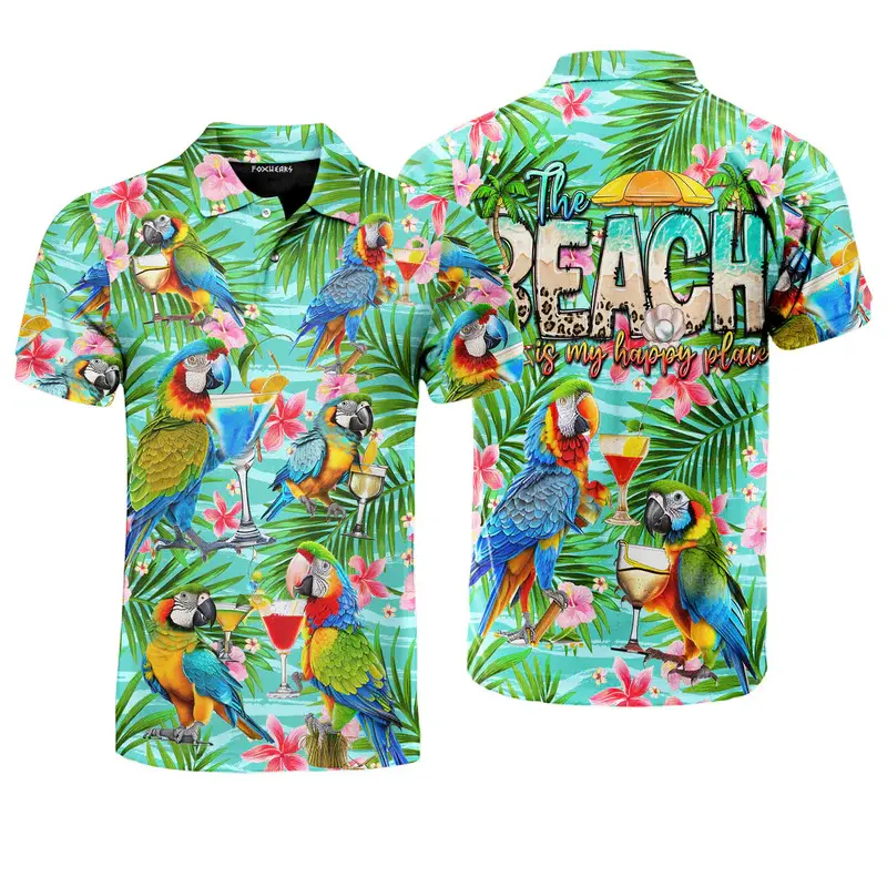Funny Hawaii Parrot Polo Shirt Afternoon Tea Time Theme Design Loose Lapel Golf Shirts Daily Casual Fun Summer Fashion Tops