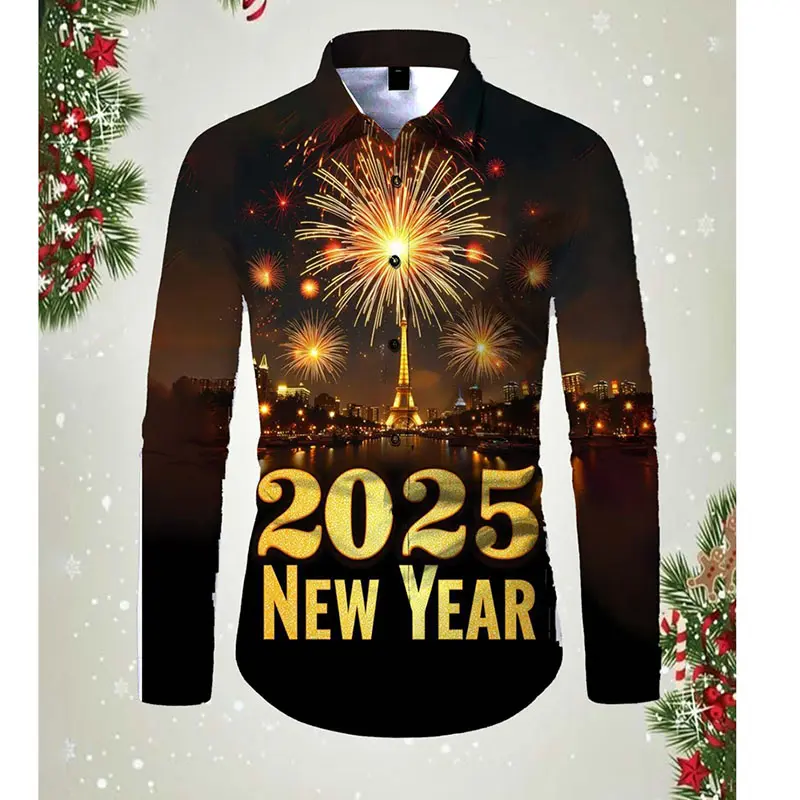 2025 Happy New Year Shirt Men's Festival Popular Clothing Long Sleeve Button Shirts 3D Print Colorful Fireworks Cool New Blouse
