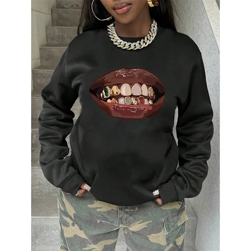Funny Sweatshirt For Women And Men Crewneck Pullover Coat Lips Teeth Print Graphic Hip Hop Street Personality Spring Solid Top