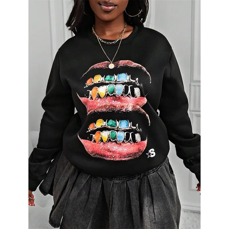 Funny Sweatshirt For Women And Men Crewneck Pullover Coat Lips Teeth Print Graphic Hip Hop Street Personality Spring Solid Top