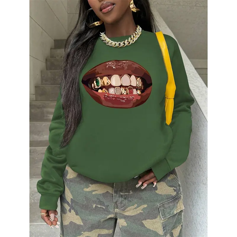 Funny Sweatshirt For Women And Men Crewneck Pullover Coat Lips Teeth Print Graphic Hip Hop Street Personality Spring Solid Top